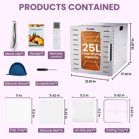 Slick Food Dehydrator With Nine Stainless Steel Trays And Handy Remote Control Plus Robust Eight Hundred Watt Motor And 24 Hour Timer showing contained products.