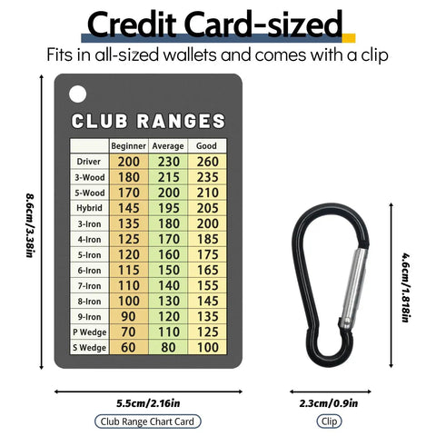 Credit Card Size Golf Yardage Card With Clip, Ultra Portable On Course Range Chart For Beginners And Pros, card and clip