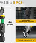 Two Inch Anti Slip Phillips Impact Bits PH2 Set In S2 Steel With Fully Laser Etched 360 Degree Micro Texture And Magnetic Driver CNC Precision Quarter Inch Hex Shank For Furniture Carpentry And Everyday Fastening Five Pack, 2-inch size with hex shank and anti-slip tip.