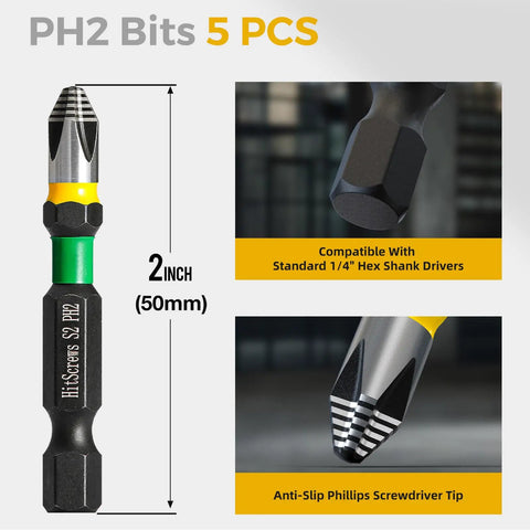 Two Inch Anti Slip Phillips Impact Bits PH2 Set In S2 Steel With Fully Laser Etched 360 Degree Micro Texture And Magnetic Driver CNC Precision Quarter Inch Hex Shank For Furniture Carpentry And Everyday Fastening Five Pack, 2-inch size with hex shank and anti-slip tip.