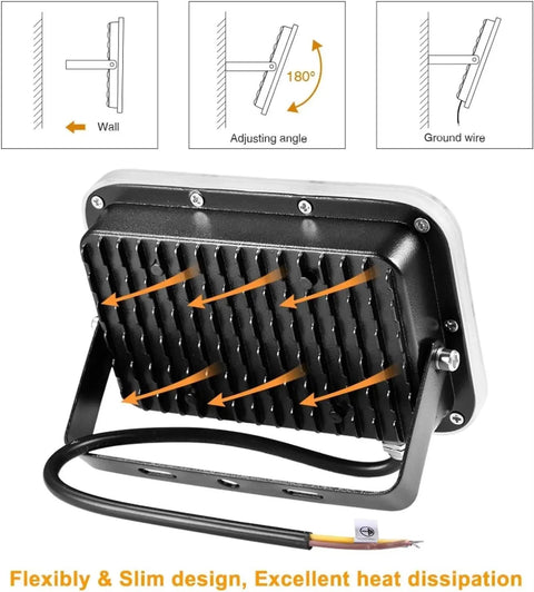 JUDYSSY Led Flood Lights Outdoor 30W, IP67 Waterproof Garden Security Lights showing adjustable angle and heat dissipation features.