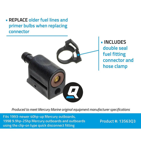 Quick Disconnect Fuel Line Fitting For 5 By 16 Inch ID Fuel Line With Double Seal Connector And Hose Clamp Fits Mercury Mariner And Force Outboards Easy Install shown with fitting and clamp