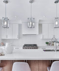 Modern kitchen with Retro ST58 Edison LED Filament Bulbs Set, 60W Equivalent, Daylight White 4000K, E26 Medium Base, non-dimmable.