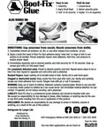 Instructions and details for No-Fuss Shoe Glue For Boots And Shoes, highlighting usage directions and application methods.