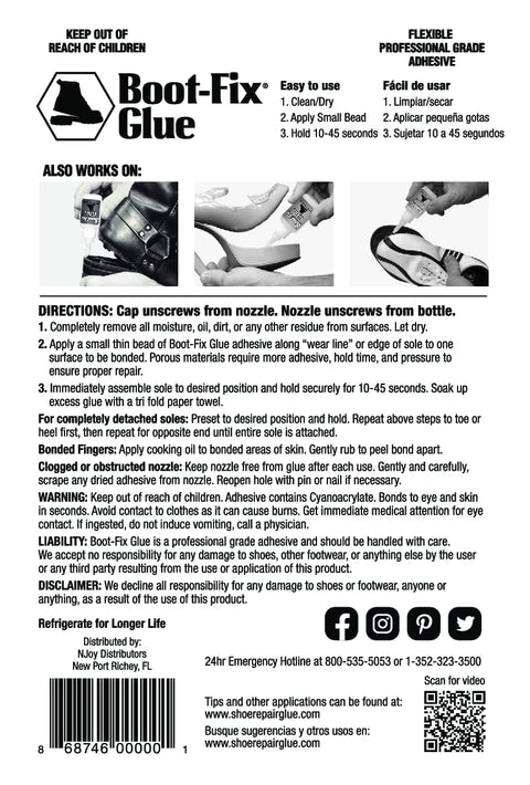 Instructions and details for No-Fuss Shoe Glue For Boots And Shoes, highlighting usage directions and application methods.