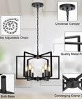 Six Light Black Farmhouse Chandelier Featuring Smooth Geometric Frames Slick Industrial Ceiling Fixture Solid Metal Edison Socket with adjustable chain.