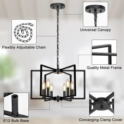 Six Light Black Farmhouse Chandelier Featuring Smooth Geometric Frames Slick Industrial Ceiling Fixture Solid Metal Edison Socket with adjustable chain.