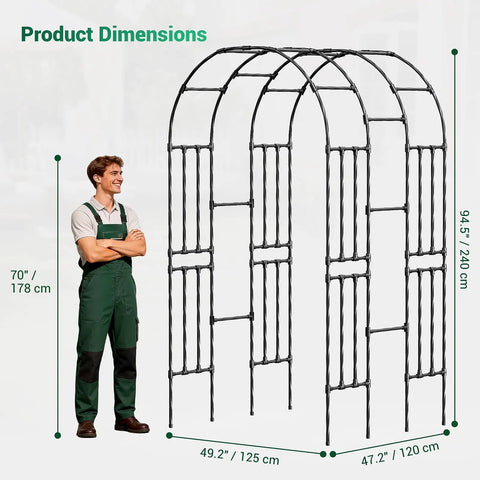 Walk Through Garden Arch Trellis For Climbing Plants Outdoor 3.9x7.9 Feet Steel With PE Coating showing dimensions and standing man