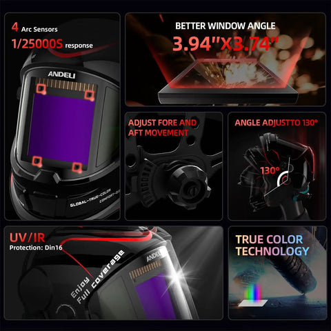Top Notch Panoramic Welding Helmet With True Color View Solar Powered Auto Darkening Shield Large 3.94 By 3.74 Inch Viewing Window Side View Panel Four Arc Sensors Wide Shade Range 4 5 8 9 13 Ideal For TIG MIG ARC Plasma