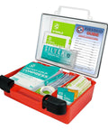 Front view of red plastic portable first aid kit opened, showing bandages, gauze, wound gel, wipes, and first aid guide.