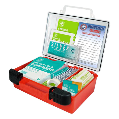 Front view of red plastic portable first aid kit opened, showing bandages, gauze, wound gel, wipes, and first aid guide.