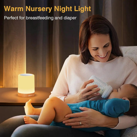 Mother feeding baby beside Touch Control Night Light Rechargeable Bedside Lamp With Dimmable Warm White 2800K 3100K And RGB Color Changing Portable Cordless LED Lamp For Bedroom Nursery Living Room