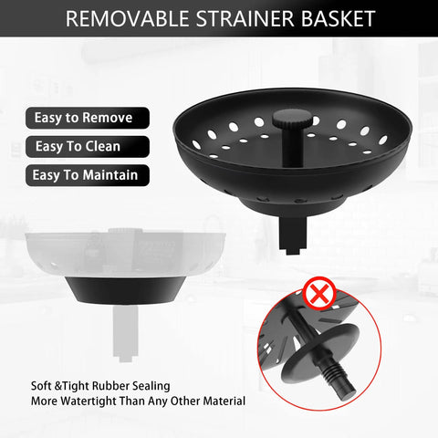 Matte Black 3-1/2 Inch Kitchen Sink Drain Assembly Kit With Strainer Basket And Stopper Universal Fit For Standard 3.5 Inch Drains Works With Stainless Steel Quartz Granite Sinks Easy Install, showing removable strainer basket and rubber sealing.