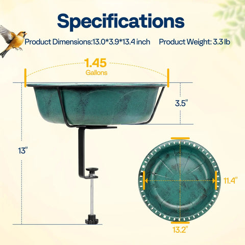 Weatherproof Deck Mounted Bird Bath And Feeder With Easy Clamp On For Railings Fences Or Balconies 1.45 Gallons Durable ABS Construction In Green