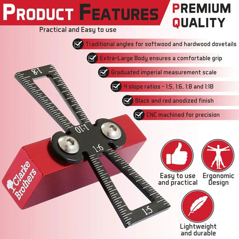 Woodworking Dovetail Tool With Precision Marker And 1:5, 1:6, 1:8 And 1:10 Slopes, Extra Large Body, Ergonomic Design For Pros And DIYers