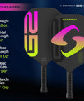 G2 Integra Edgeless Pickleball Paddle Black 8 Oz Lightweight Core 14mm Thickness showing specifications with colorful design