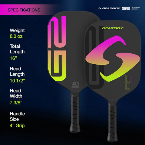 G2 Integra Edgeless Pickleball Paddle Black 8 Oz Lightweight Core 14mm Thickness showing specifications with colorful design