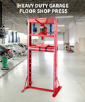 Badass 12 Ton Hydraulic H Frame Shop Press With Adjustable Workbench and Dual Adapter Plates for automotive tasks in garage.