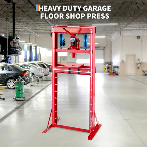 Built Tough As Nails 12 Ton Floor Shop Press Featuring Straight Shot Hydraulic H Design in a garage setting with dual steel plates.