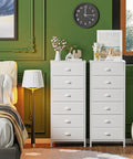 White Tall Dresser With Vertical Storage Tower And End Table Featuring Six Fabric Drawers And Drawer Organizer, two units in bedroom