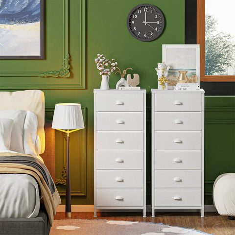 White Tall Dresser With Vertical Storage Tower And End Table Featuring Six Fabric Drawers And Drawer Organizer, two units in bedroom