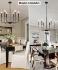 Rustic Matte Black 6 Light Candle Chandelier for dining room with adjustable height, modern farmhouse style, black finish