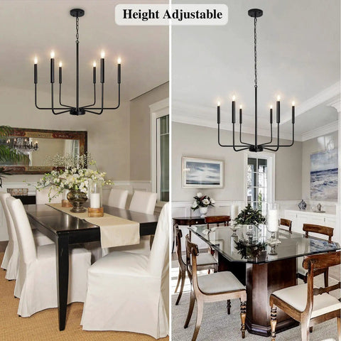 Rustic Matte Black 6 Light Candle Chandelier for dining room with adjustable height, modern farmhouse style, black finish