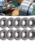 Ten-Piece Carbide Turning Inserts Set For CNC Lathe, solid carbide inserts RPMT1204MOE-JS alongside a CNC machine