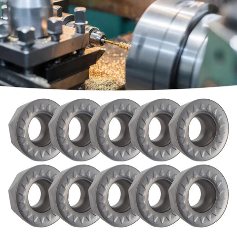 Ten-Piece Carbide Turning Inserts Set For CNC Lathe, solid carbide inserts RPMT1204MOE-JS alongside a CNC machine