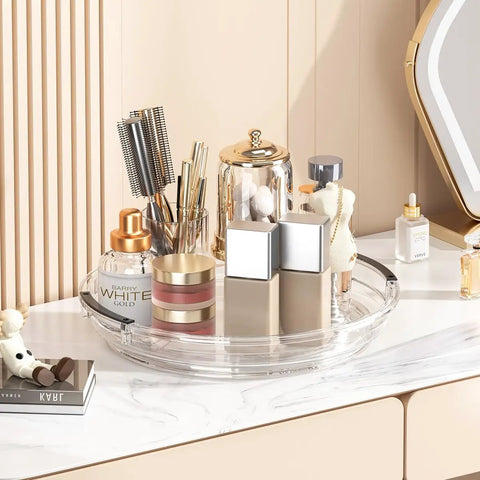 Clear acrylic Lazy Susan turntable with cosmetics, Three Pack Lazy Susan Turntable Organizer For Kitchen Storage Rotating Spice Rack Clear Acrylic