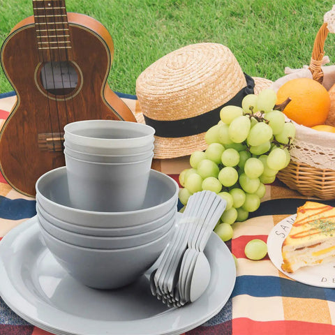 24 Piece Dorm Life Mess Kit Tableware Set For Camping And Everyday Use Plates Cups Bowls Silverware In Drawstring Mesh Bag