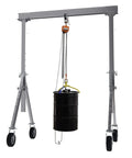 Heavy Duty Aluminum Adjustable Height Gantry Crane With Swivel Pneumatic Casters 10 Ft By 8 Ft Span 1500 Pound Capacity with hanging barrel.
