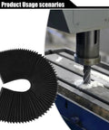 Accordion Dust Cover For Milling Machines, Flexible Bellows Guard Shield To Keep Chips And Debris Out, shown next to CNC machine.