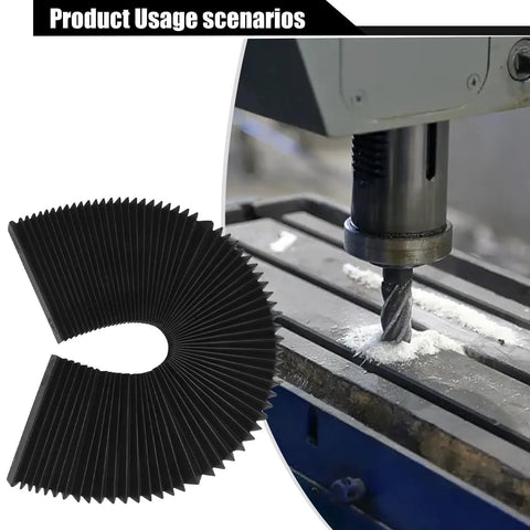 Accordion Dust Cover For Milling Machines, Flexible Bellows Guard Shield To Keep Chips And Debris Out, shown next to CNC machine.