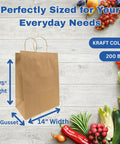 DIY Grocery Paper Bags 200 Pack 14x10x15.75 Inch Kraft Color with Handles, shown with fruits and vegetables, 110 GSM thick.