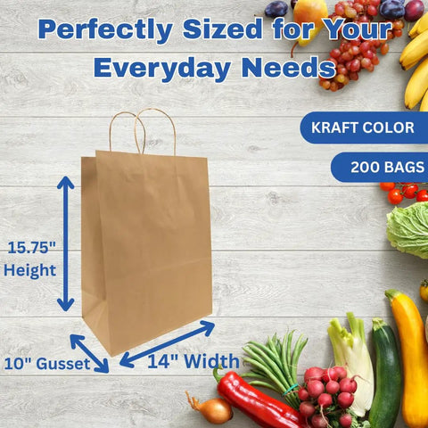 DIY Grocery Paper Bags 200 Pack 14x10x15.75 Inch Kraft Color with Handles, shown with fruits and vegetables, 110 GSM thick.