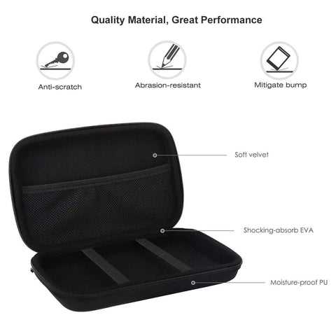 Straight Up 7 Inch GPS Carrying Case Built Tough With Dead Center Shockproof EVA Hard Shell Protective Travel Pouch Universal Fit For Garmin TomTom Magellan Nav Systems And Open Highway Drives Black interior view displaying soft velvet and mesh pocket.