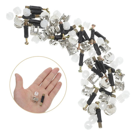 30 Sets Cam Lock Fittings Kit for wardrobe and drawer with M6 cam screws, nuts, shown on hand for scale, zinc alloy construction