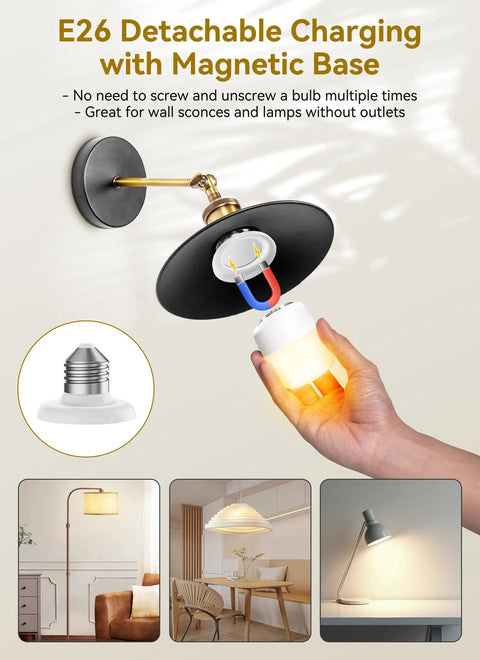 Hand holding Go-To Rechargeable E26 LED Light Bulb With Remote And Timer, magnetic base for easy attachment to fixture