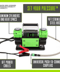 TenSix PSI Pro Technology 12 Volt Air Compressor with dual cylinders, 4ft stainless hose, and power cables for off-road use.