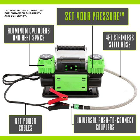 TenSix PSI Pro Technology 12 Volt Air Compressor with dual cylinders, 4ft stainless hose, and power cables for off-road use.