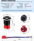 Diagram of Two Pack 16mm Latching Push Button Switch 12V DC On Off Self Locking with dimensions and wire socket plug