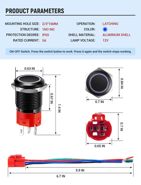 Diagram of Two Pack 16mm Latching Push Button Switch 12V DC On Off Self Locking with dimensions and wire socket plug
