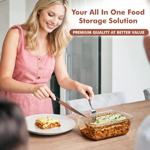 Woman serving food from Big Glass Storage Set 63 Oz Meal Prep Containers With Locking Lids, 2-Pack Borosilicate Glass BPA Free