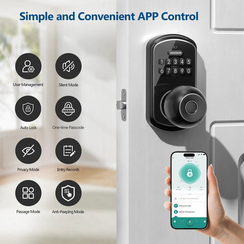 Smart Door Knob Lock With Keypad And Fingerprint Five In One Access App Bluetooth Control Personal Passcodes Keycard Key Fob And Mechanical Key No Drill Digital Lock For Front And Indoor Doors on a white door showing app control on phone.
