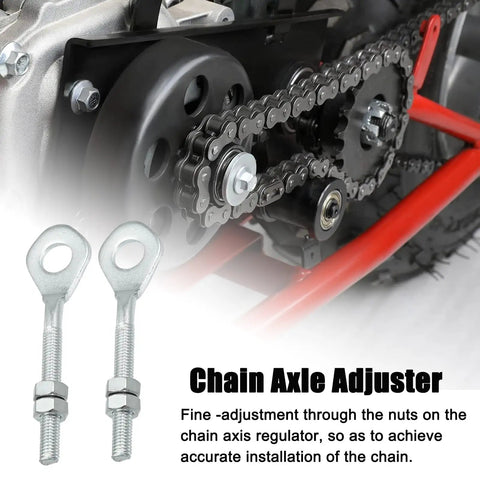 Heavy Duty 420 Motorcycle Chain With 132 Links Plus Chain Breaker And 0.4 Inch Axle Adjuster For 110cc 125cc Dirt Pit Bike ATV Quad Go Kart Mini Bike Scooter shown with chain axle adjuster and sprocket detail.