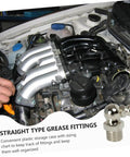Mechanic installing straight grease fitting from Beefed Up Hydraulic Grease Fitting Kit With 260 Pcs Metric And Imperial Nozzles Durable