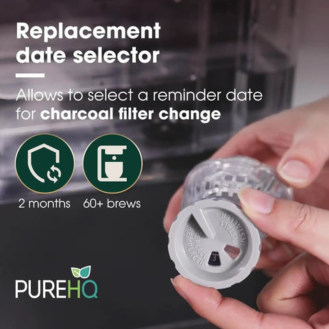 Hand holding Water Filter Replacement Starter Kit with date selector for 2.0 and K Duo Coffee Makers, fits K200 K250 K35.