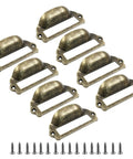 Eight Pack Antique Bronze Bin Cup Card Catalog Drawer Pulls For Cabinets And Furniture, shown with screws