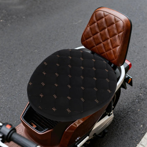 Top Shelf Comfort Plush Electric Scooter Seat Cover Winter Warm Black Stays Put Quick Strap Kit on a motorcycle seat.